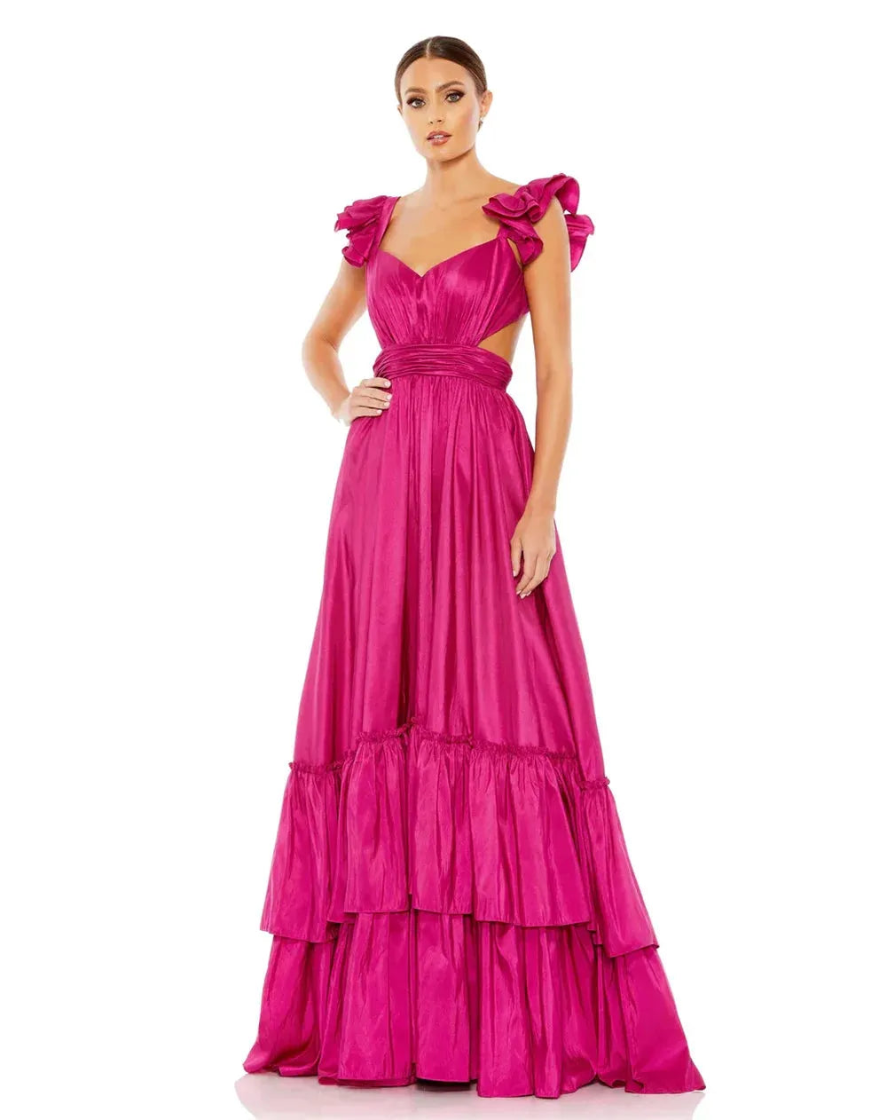 V-neck Satin Prom Dresses Cascading Ruffle A-line فساتين السهرة Elegant Sleeveless Floor-Length vestidos verano moda as pic 1