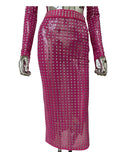 Sparkling square Diamonds Sexy Mesh See Through Top And Skirt Woman Fashion Set High Street Wear Evening Party Outfit Rose Red Skirt