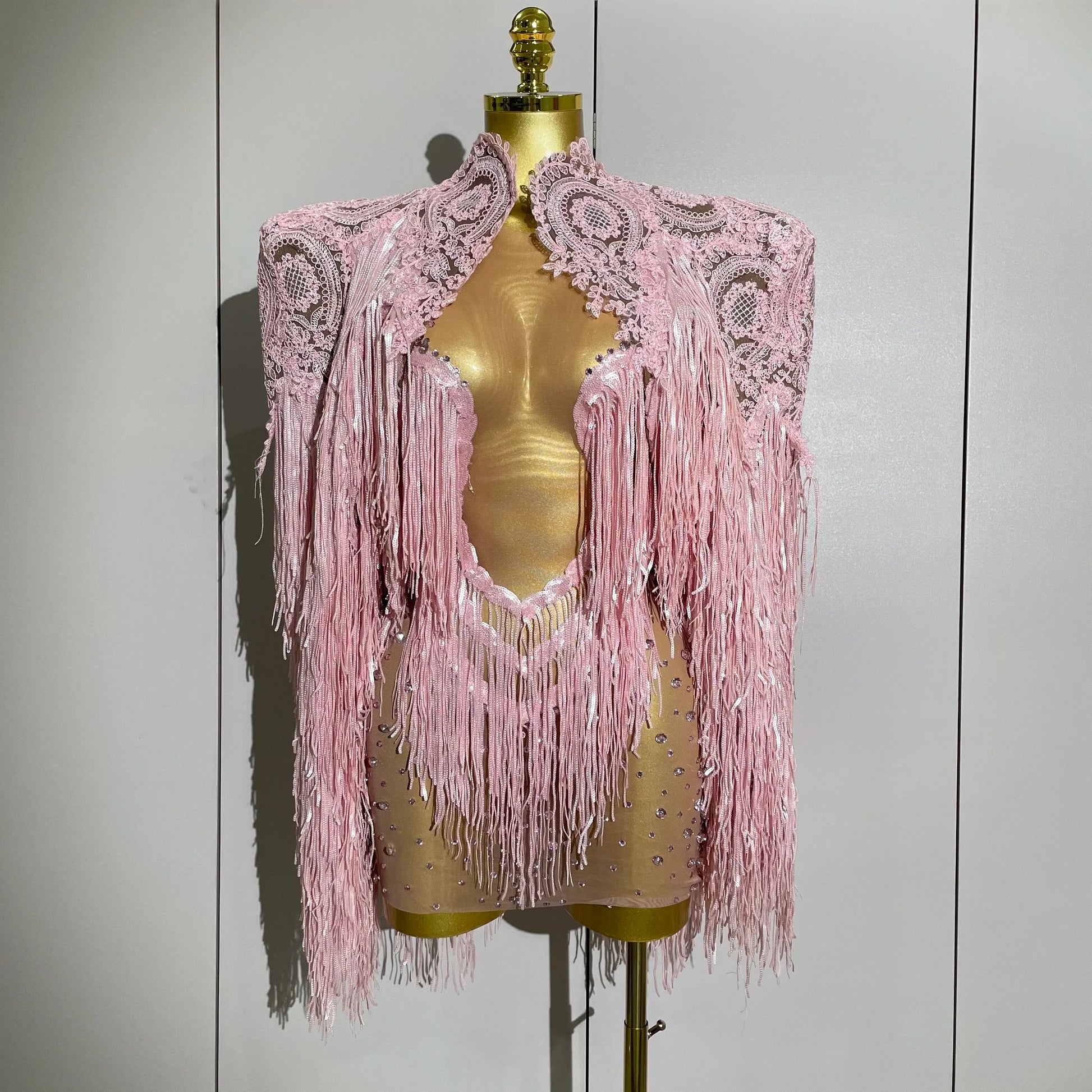 Luxury Sparkly Rhinestone Sequin Tassel Coat Skirt 2Pcs Women Birthday Party Nightclub Stage Performance Costume