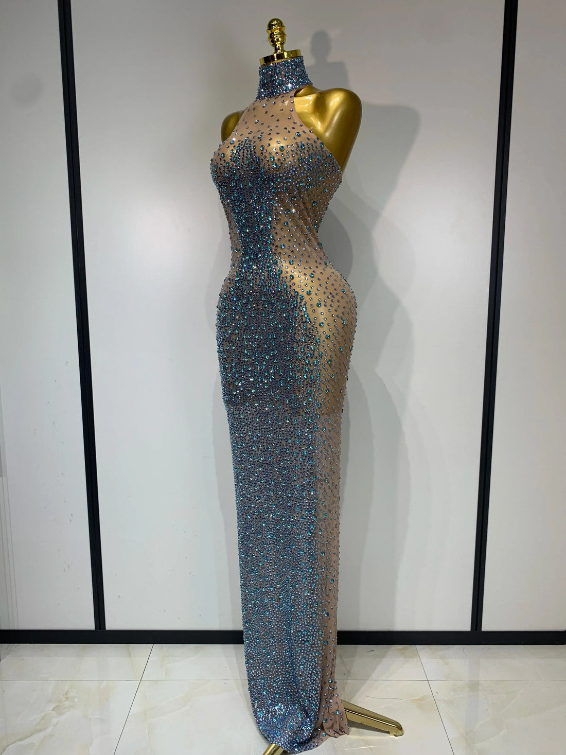 Sparkly Rhinestones Sleeveless Dress Sexy Mesh Transparent Celebrate Evening Wedding Prom Luxury Birthday Dresses Stage Outfit SKY BLUE