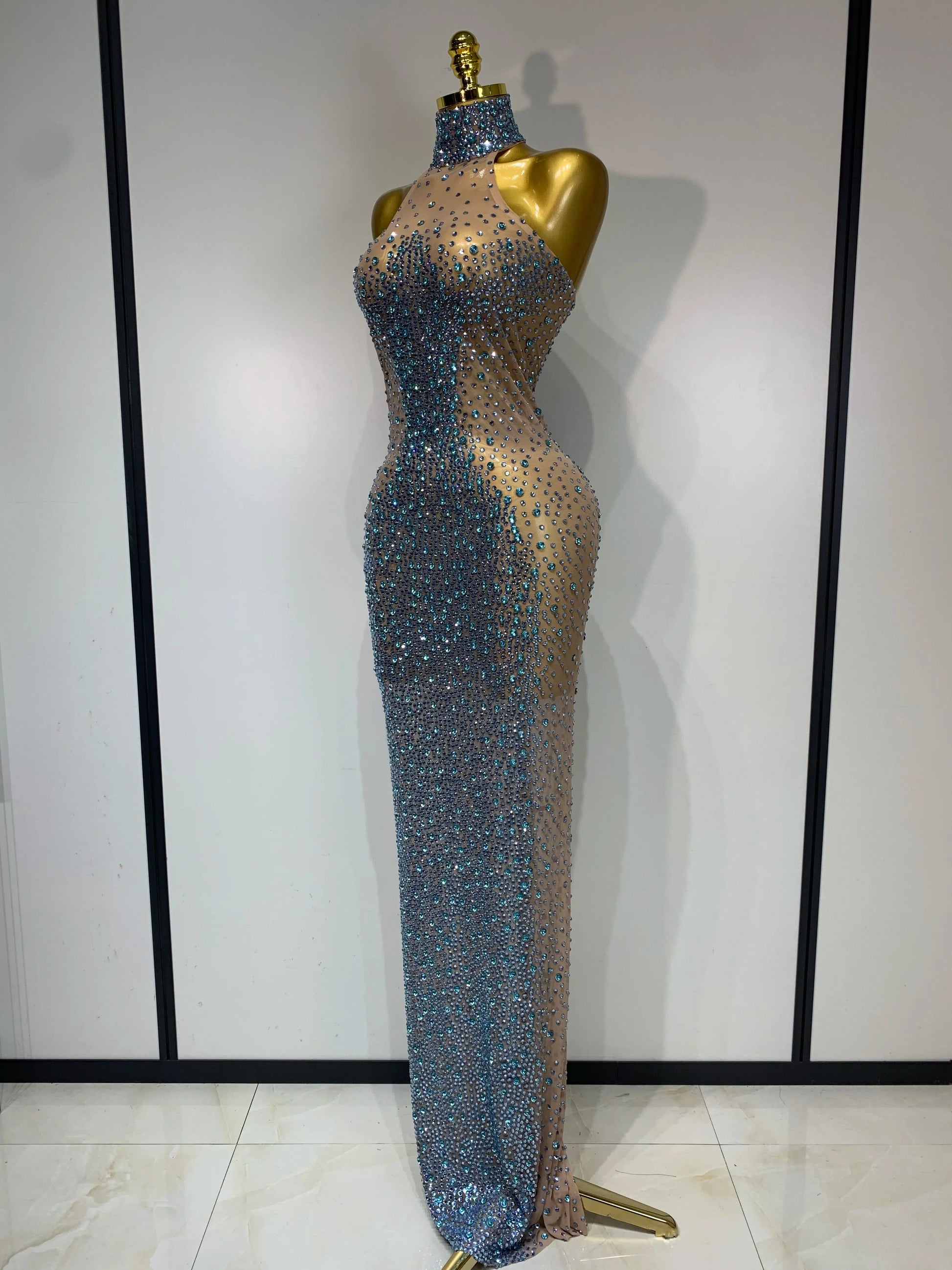 Sparkly Rhinestones Sleeveless Dress Sexy Mesh Transparent Celebrate Evening Wedding Prom Luxury Birthday Dresses Stage Outfit