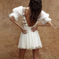 Seksowne krótkie suknie ślubne Plunging V-dion-de-Duth Pół rękawów Perły panna młoda sukienka bez tyłu iluzja ślubna sukienki vestido de novia
