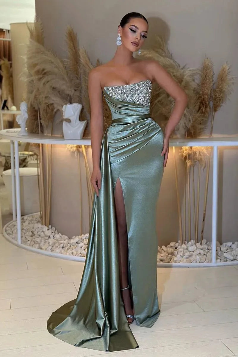 Beaded Prom Dresses Strapless High Slit Removable Skirt Mermaid Green Formal Party Women Pleats Elastic Satin Long Evening Gowns Green