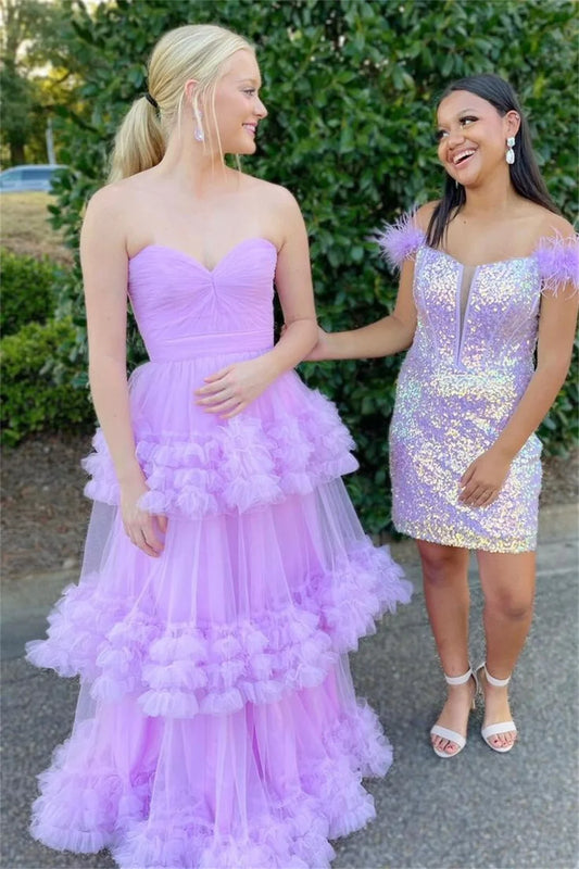 Lavender Strapless Prom Dresses Multilayer Tulle A-line فساتين السهرة Elegant Sleeveless Floor-Length vestidos verano moda