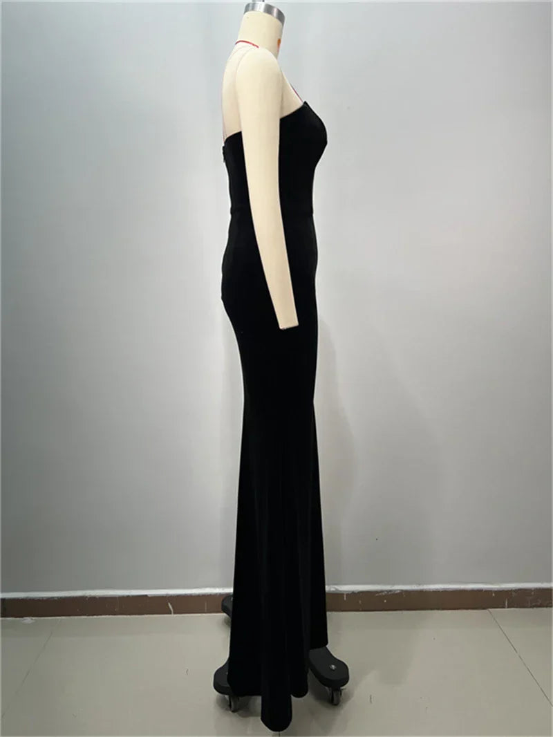 Luxury Shining Diamonds Sexy High Slit Stapless black velvet Long Dress Elegant Woman Birthday Party Dress Goddess Vestido