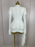 Women White Birthday Dress Fashion Long Sleeve O Neck Cut Out Bodycon Mini Trailing One Piece Celebrity Evening Club Dresses