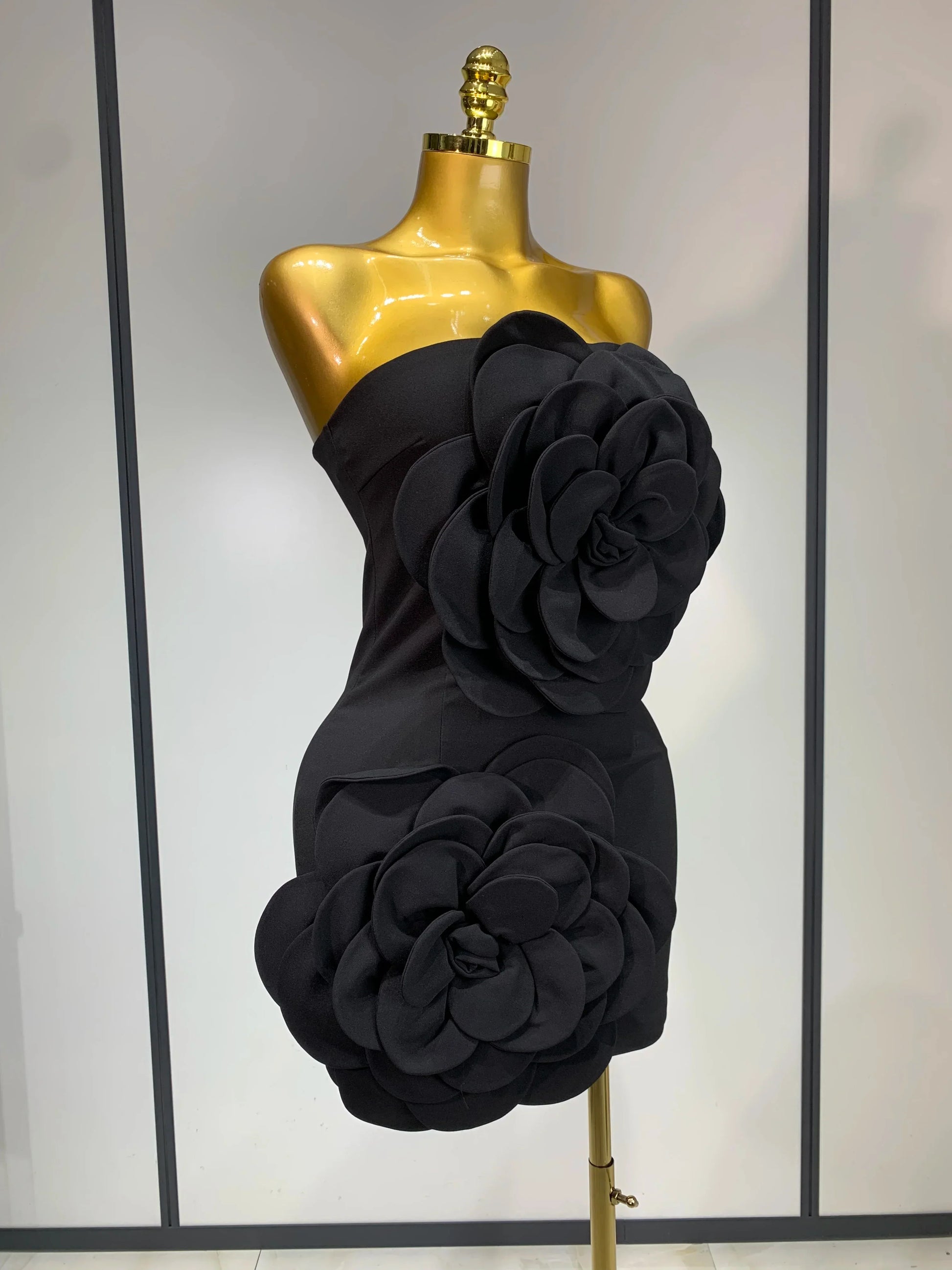Women Sexy Strapless Backless Flower Black Mini Bodycon Dress Celebrity Elegant Evening Club Party Outfit Birthday Dresses