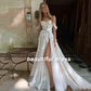 Beach Tulle 3D Flowers Wedding Dresses Off Shoulder Sweetheart Neck Bridal Gowns Side Split Appliques Wedding Gown