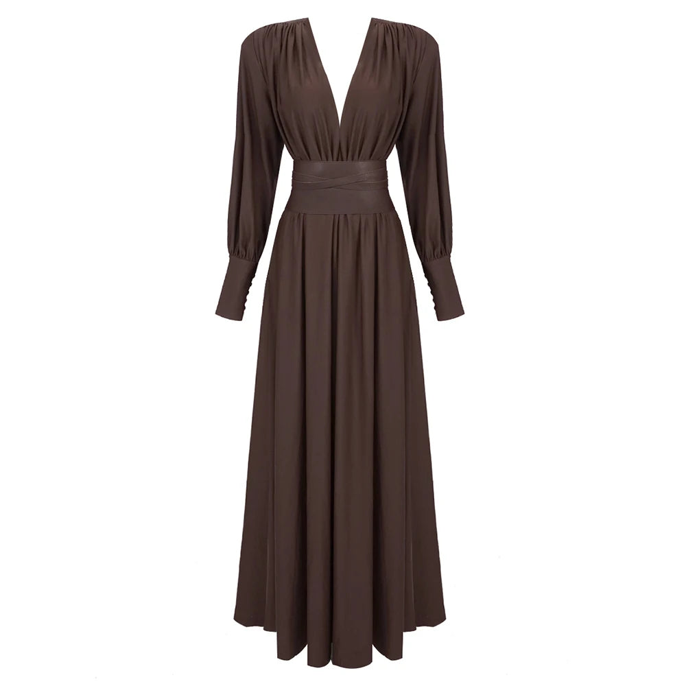 Spring Fashion Dresses For Women Plunging V Neck High Waist Belt Long Sleeves Wedding Party Dress Brown Gowns Brown