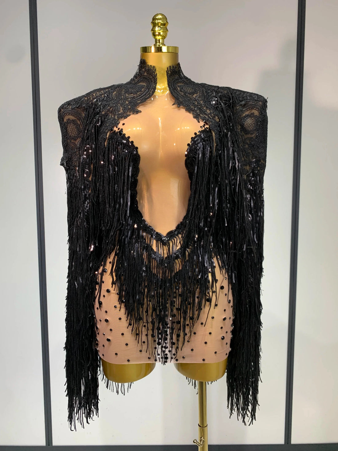 Rhinestones Tassels Mini Dress Suit Luxury Women Sexy See Through Mesh Party Club Dresses Performance Stage Outfit black