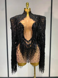 Rhinestones Tassels Mini Dress Suit Luxury Women Sexy See Through Mesh Party Club Dresses Performance Stage Outfit black