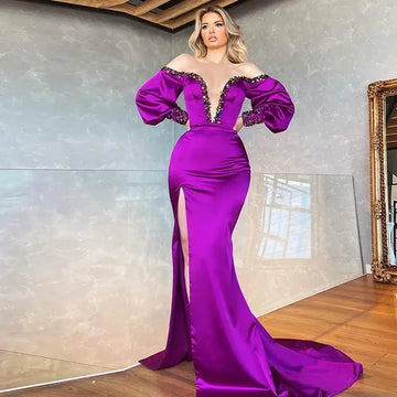 Purple Satin Crystal V Neck Off Shoulder Evening Party Gown For Woman Long Sleeves Prom Dress Slit Vestido De Noche Plus Size same as picture