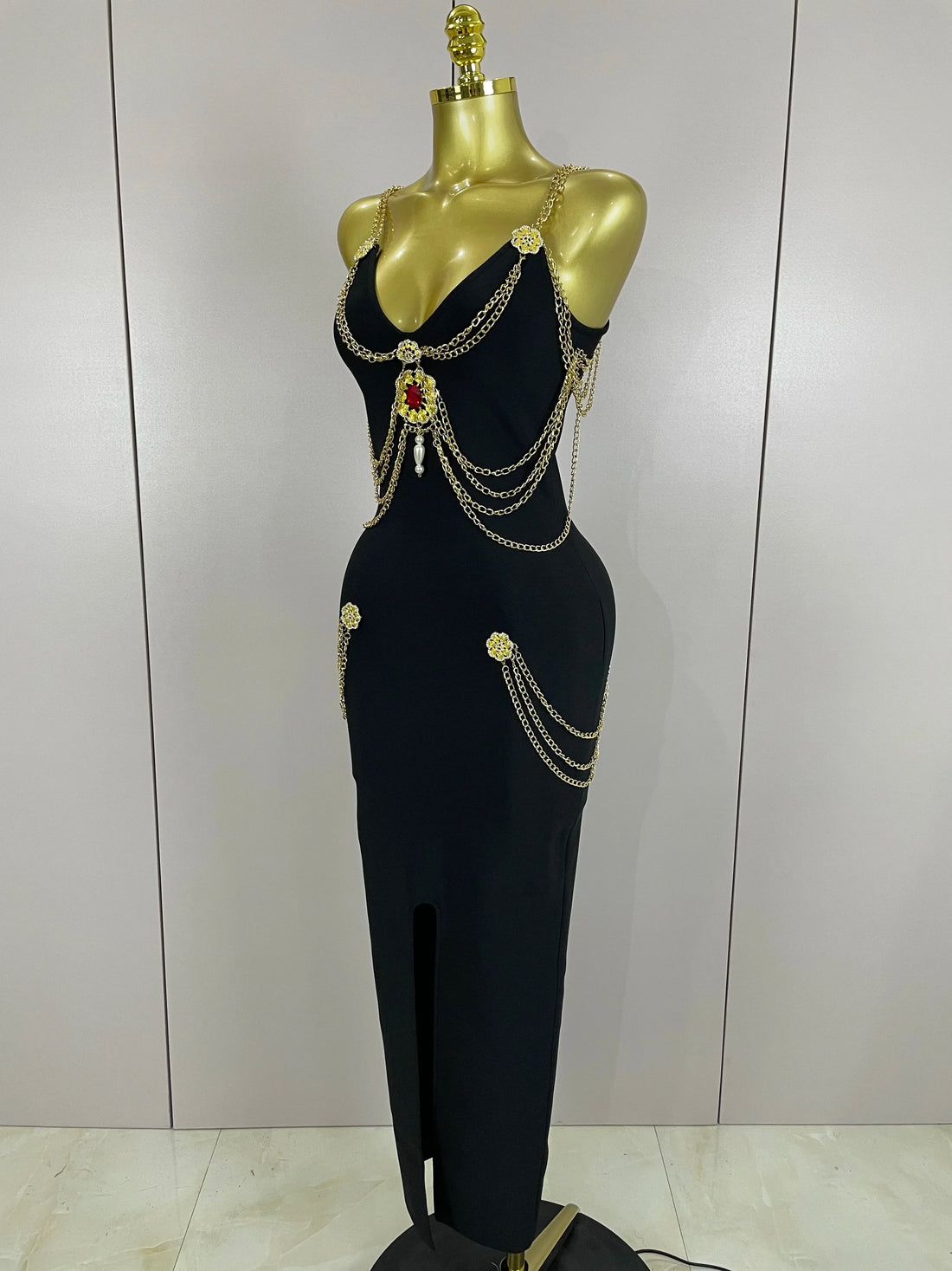 Black Chain Spaghetti Strap V-Neck Split Bandage Dress Bodycon Celebrity Club Party Long Dress Vestidos black