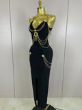 Black Chain Spaghetti Strap V-Neck Split Bandage Dress Bodycon Celebrity Club Party Long Dress Vestidos