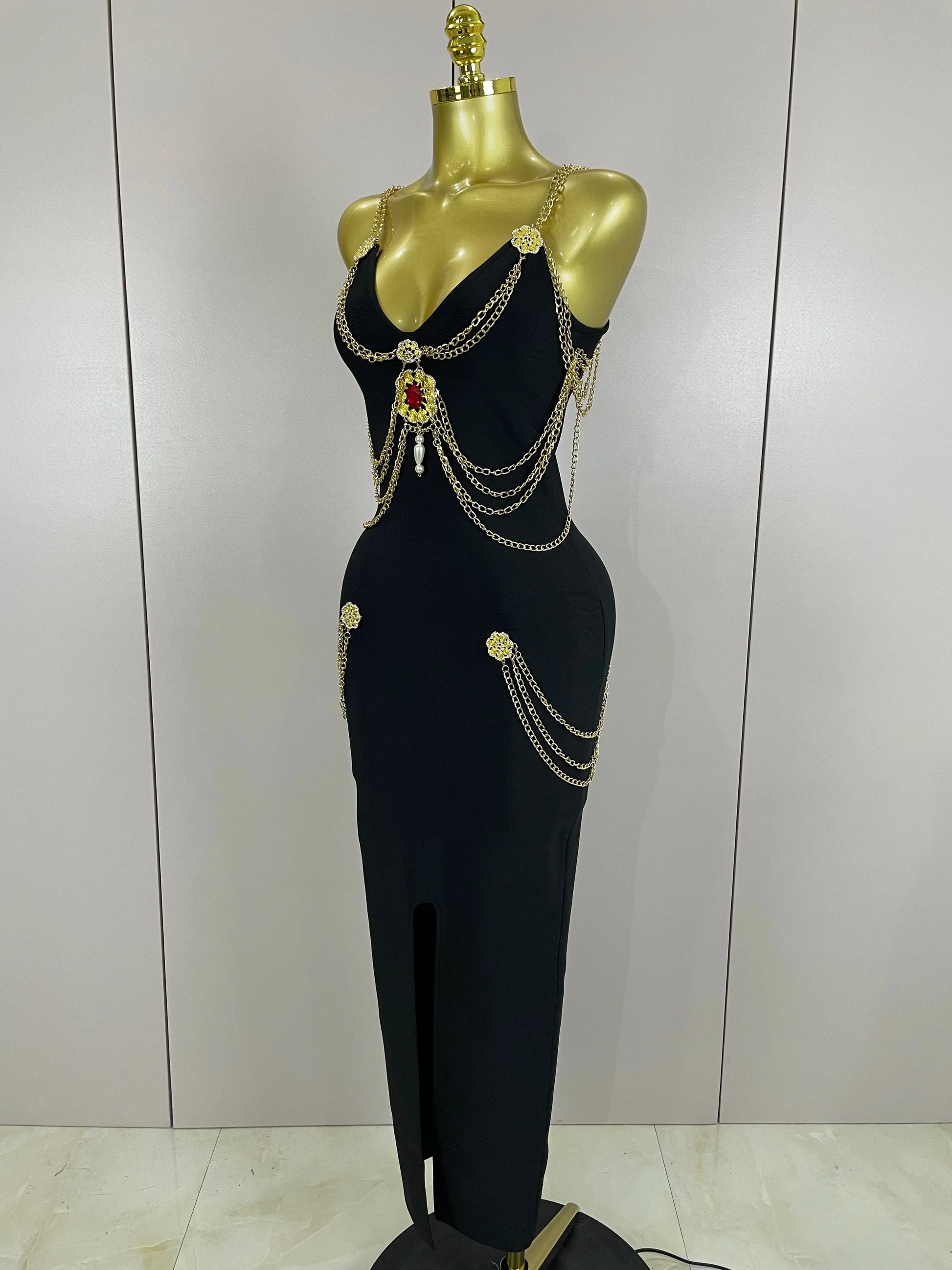 Black Chain Spaghetti Strap V-Neck Split Bandage Dress Bodycon Celebrity Club Party Long Dress Vestidos