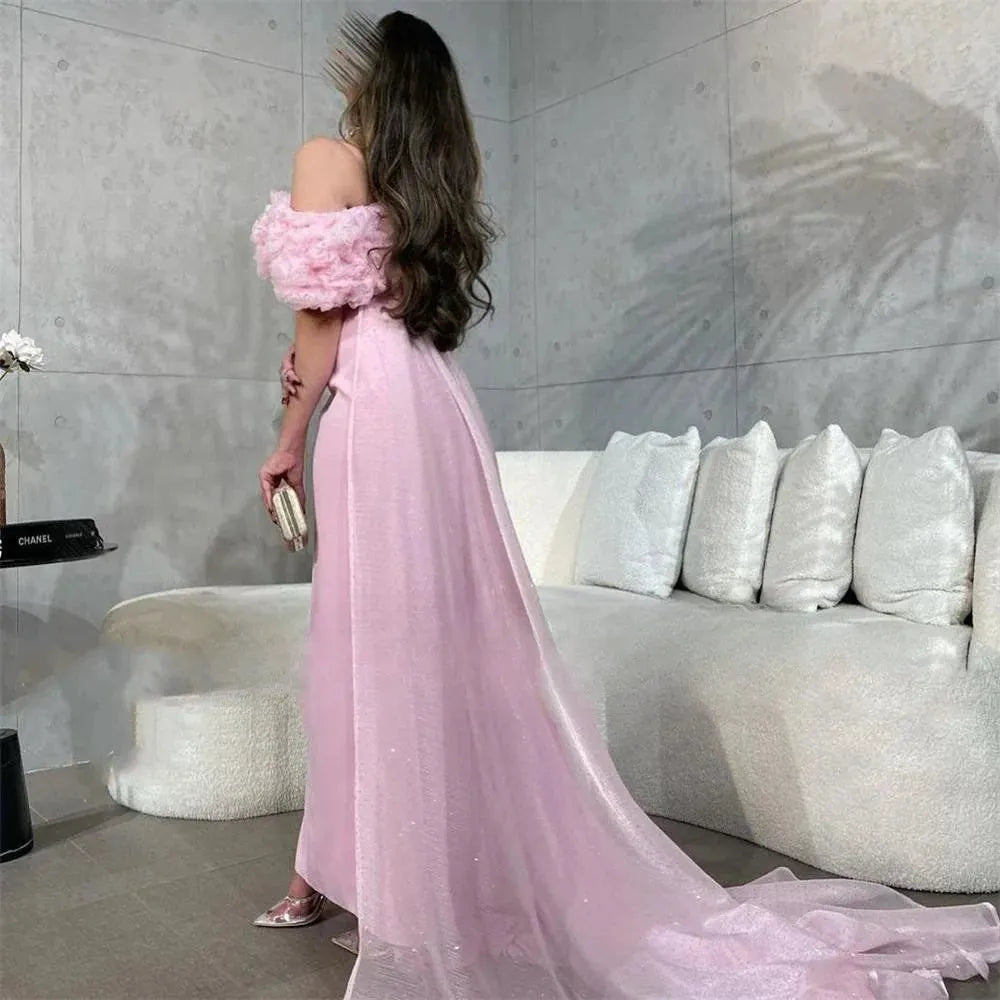 Baby Pink Off the Shoulder Prom Dresses Mermaid Satin فساتين السهرة Detachable Train Ankle-Length Vestidos De Noche as pic