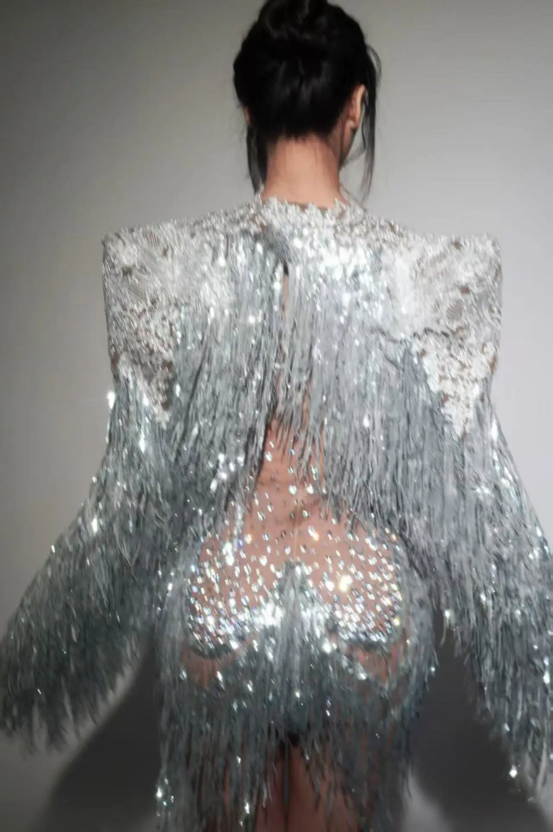 Sparkly Rhinestone Sequin Tassel Coat And Skirt 2Pcs Women Birthday Party Nightclub Dj Stage Performance Costume Silver