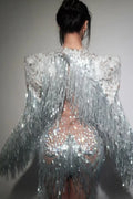 Sparkly Rhinestone Sequin Tassel Coat And Skirt 2Pcs Women Birthday Party Nightclub Dj Stage Performance Costume