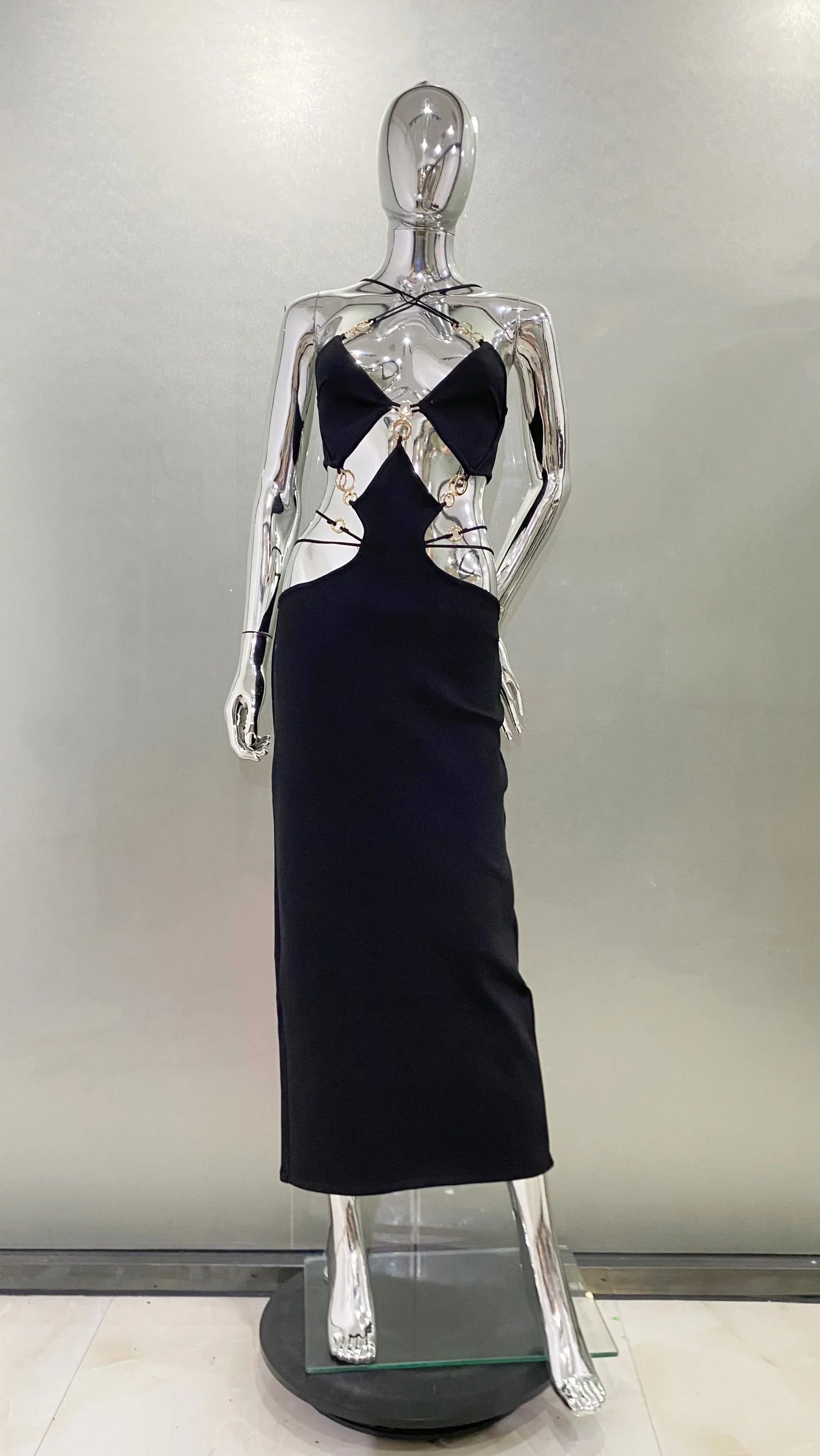 Stylish Luxury Diamonds Woman Bandage Set Sexy Hollow Out Short Top And Mermaid Long Skirt 2 Pieces Evening Party Vestido black