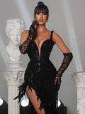 Black Pearls Long Dress Spaghetti Straps Sweetheart Neck Feathers Embellished Split Sequins Party Evening Gown With Gloves