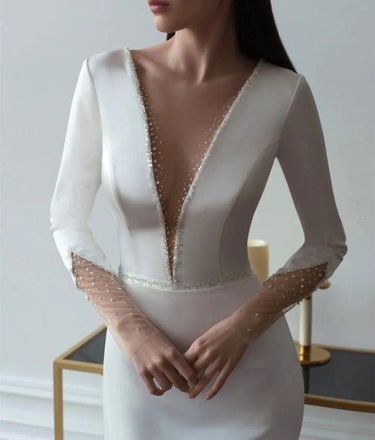 Nowa głęboka satynowa suknia ślubna w szyku V prosta 3/4 rękawów bez pleców syrena ślubna suknie ślubne zamiatanie pociągu dla kobiet narzeczone sukienki białe
