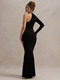 Stylish Black Asymmetric Long Sleeve Maxi Dress with Sparkling Detail Mermaid Gown for Red Carpet Events