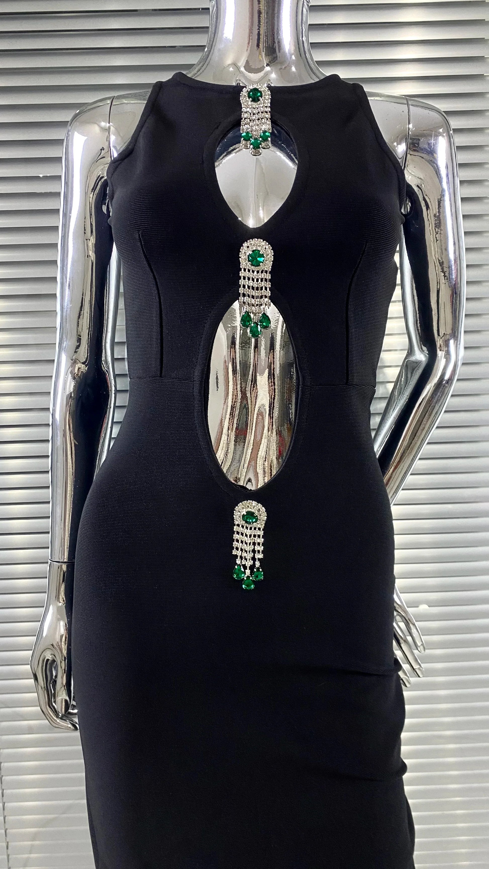 Luxury Diamonds Tassel Sexy hollow Out Black Bandage Dress Graceful Woman Evening Party Vestido Celebrate Party Outfit