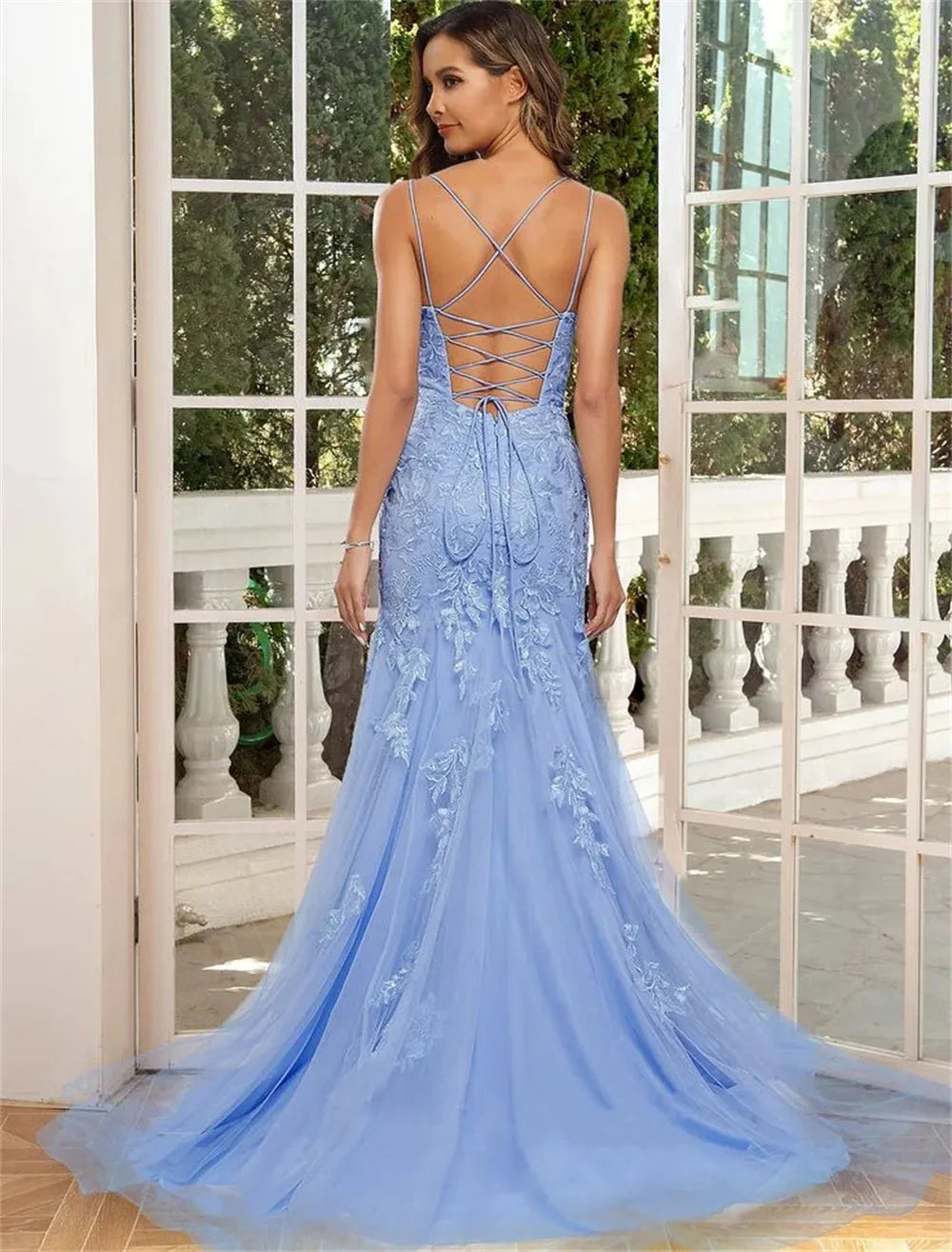 Romantic Lace Embroid Vestidos De Noche Sweet Baby Blue Mermaid Prom Dress Fairy Lace V-neck Fishtail فساتين السهرة as pic