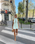 Daily Casual Mint Green & White High-Neck Cutout Mini Dress with Pocket for Fresh Elegance