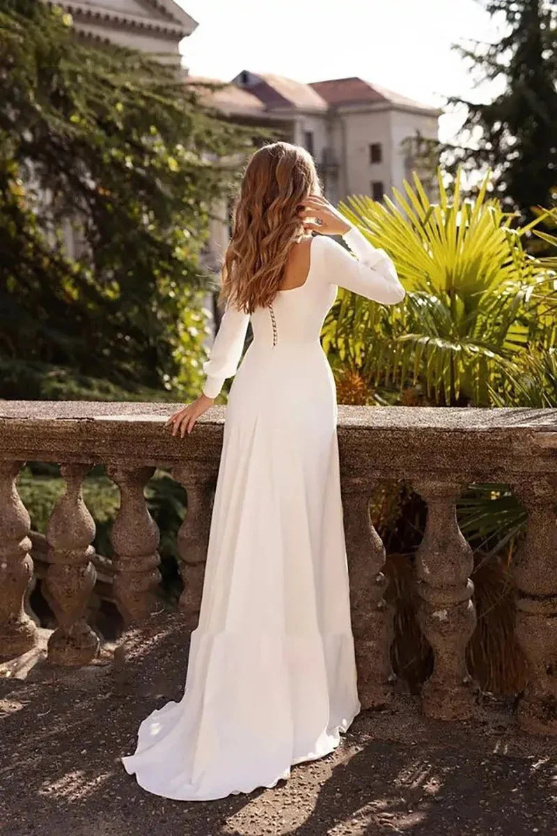 Simple White Wedding Dress Square Collar Long Sleeve A Line For Bride Classic Back With Button Vestido Casamento Civil Customize 14w