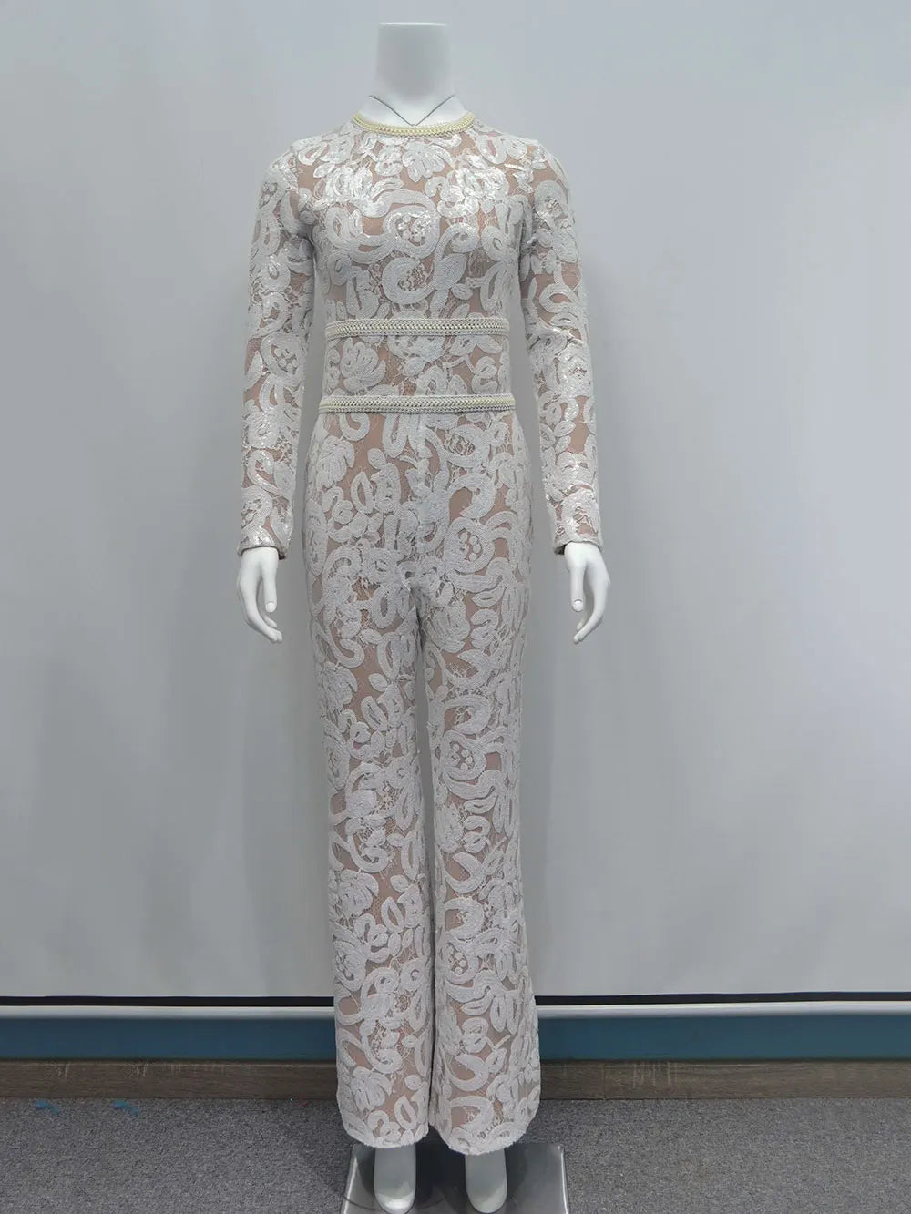 Women'S Light Luxury Sequin Patchwork Bandage Jumpsuit O-Neck Long Sleeved Waistband Flared Jumpsuit Pants Party Jumpsuit WHITE