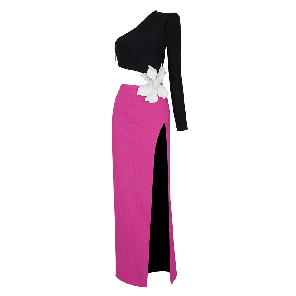 Fashion Party Dresses For Women Autumn Winter Sexy One Shoulder Long Sleeves High Waist Big Flower Decoration Gowns AS PICTURE