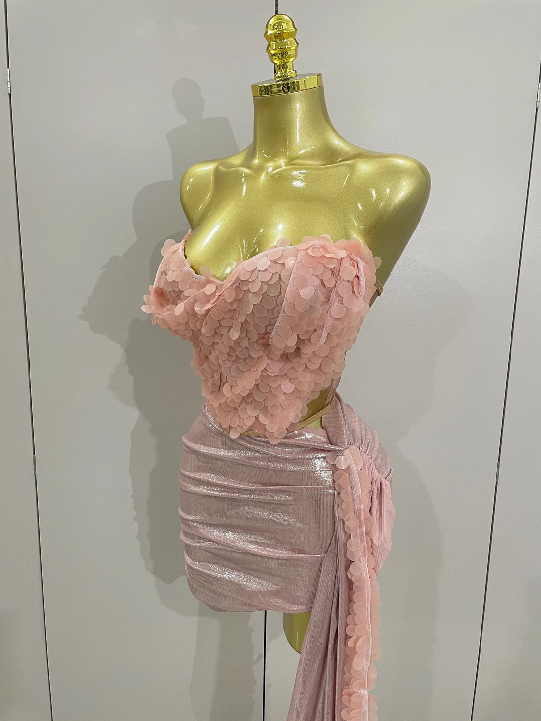 Sexy Pink Sequin Strapless 2 Pieces Bodycon Mini Dress Women Celebrate Birthday Party Bar Singer Nightclub Stage Costume Pink