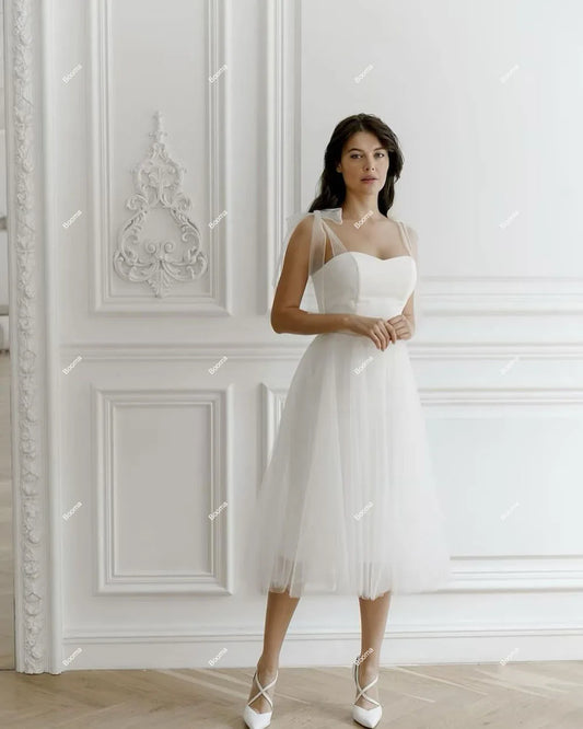 A-Line Midi Wedding Party Dresses for Women Bow Tali Gaun Prom untuk Pengantin Wanita Pengantin Teh