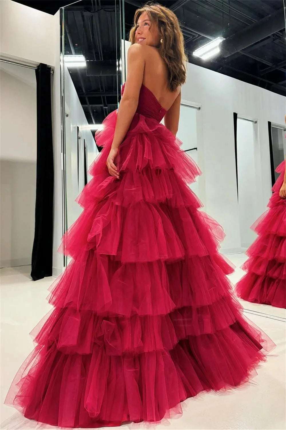 Strapless Tulle Prom Dresses A-line Floor-Length vestidos de noche Elegant Sleeveless Multilayer Formal Evening Wine red