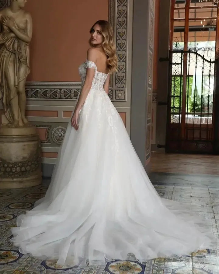 Modern Off The Shoulder Sweeteart Lace Applique A Line Wedding Dresses Sweep Train Custom Made Rode De Morrie MULTI