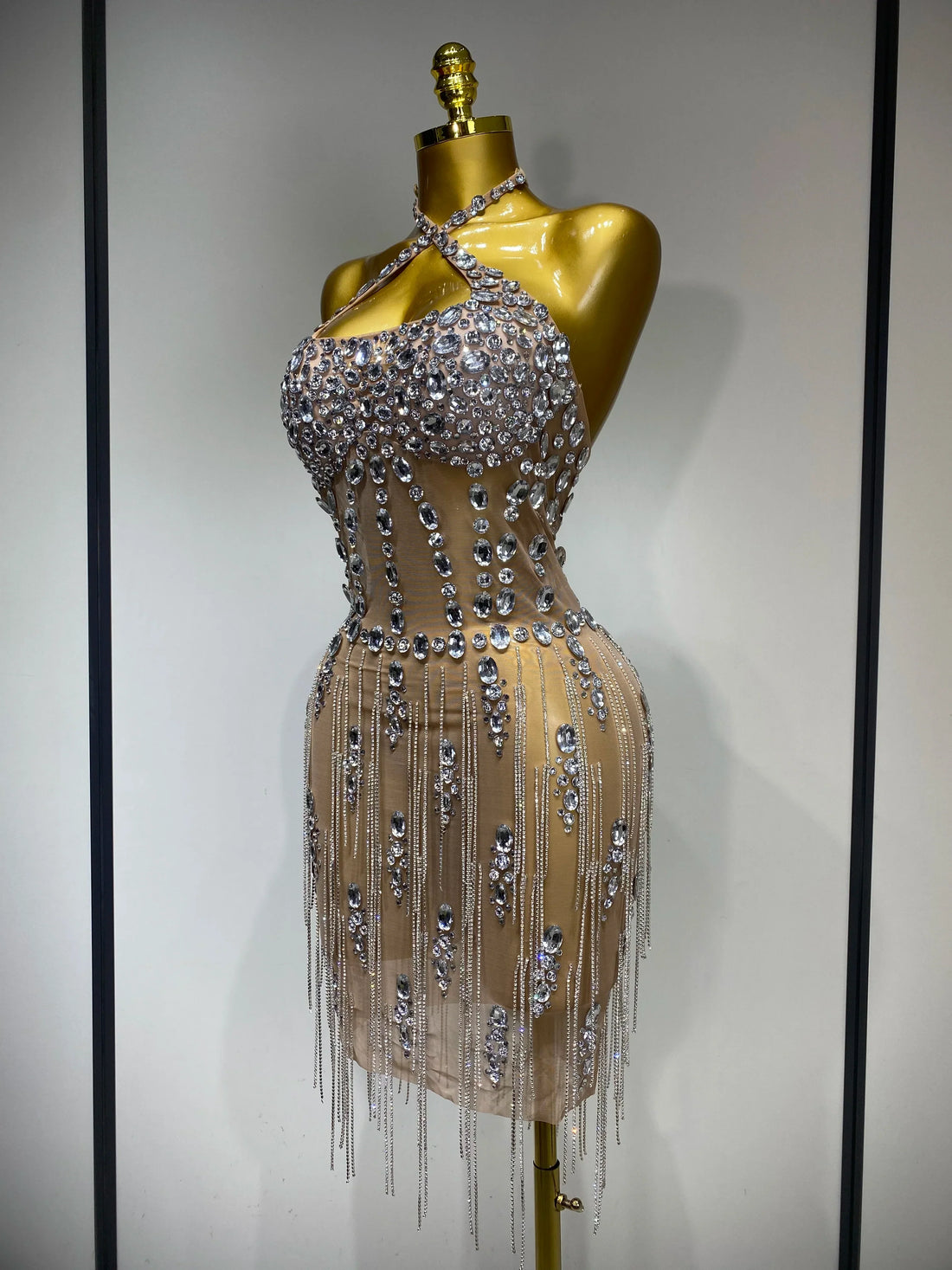 Luxury Rhinestone Evening Party Dress Women Sexy Halter See Through Mesh Luxury Birthday Gowns Nightclub Singer Stage Outfit Beige