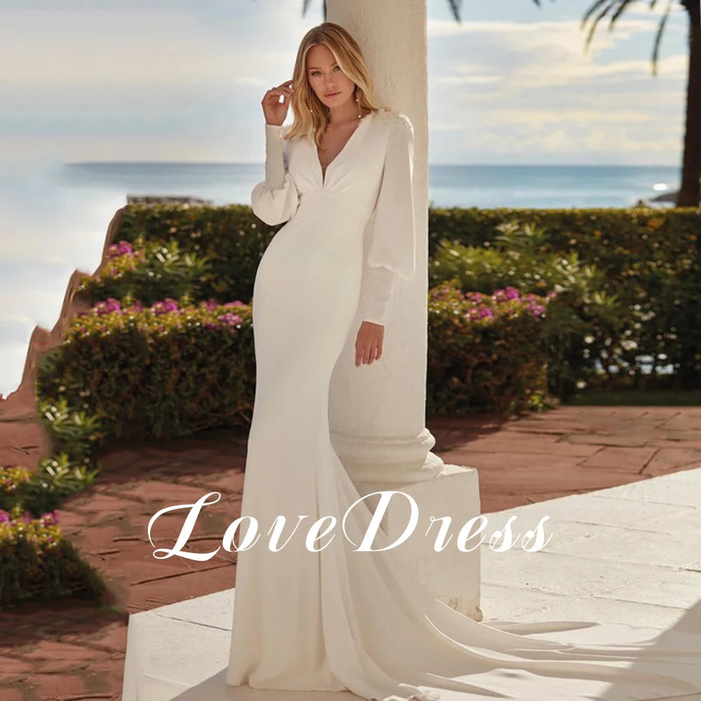 Lovedress Sexy Deep V-Neck Mermaid Wedding Dress Lengan Lanin Panjang Tombol Modern Nrode Gown Spandex Backless Robe de Mariée