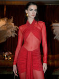 Bright Red Ruched Long Dress Diamonds Embellished Long Sleeve Mesh Patchwork Draped Celebrity Evening Party Gown
