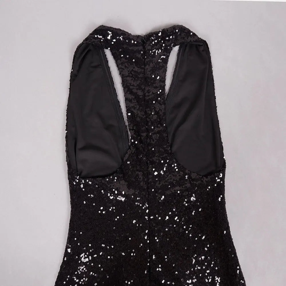 Sexy Women'S Light Luxury Black Sequin Dress Deep V-Neck Sleeveless Bodycon Backless Mini Dresses Party Christmas Vestidos