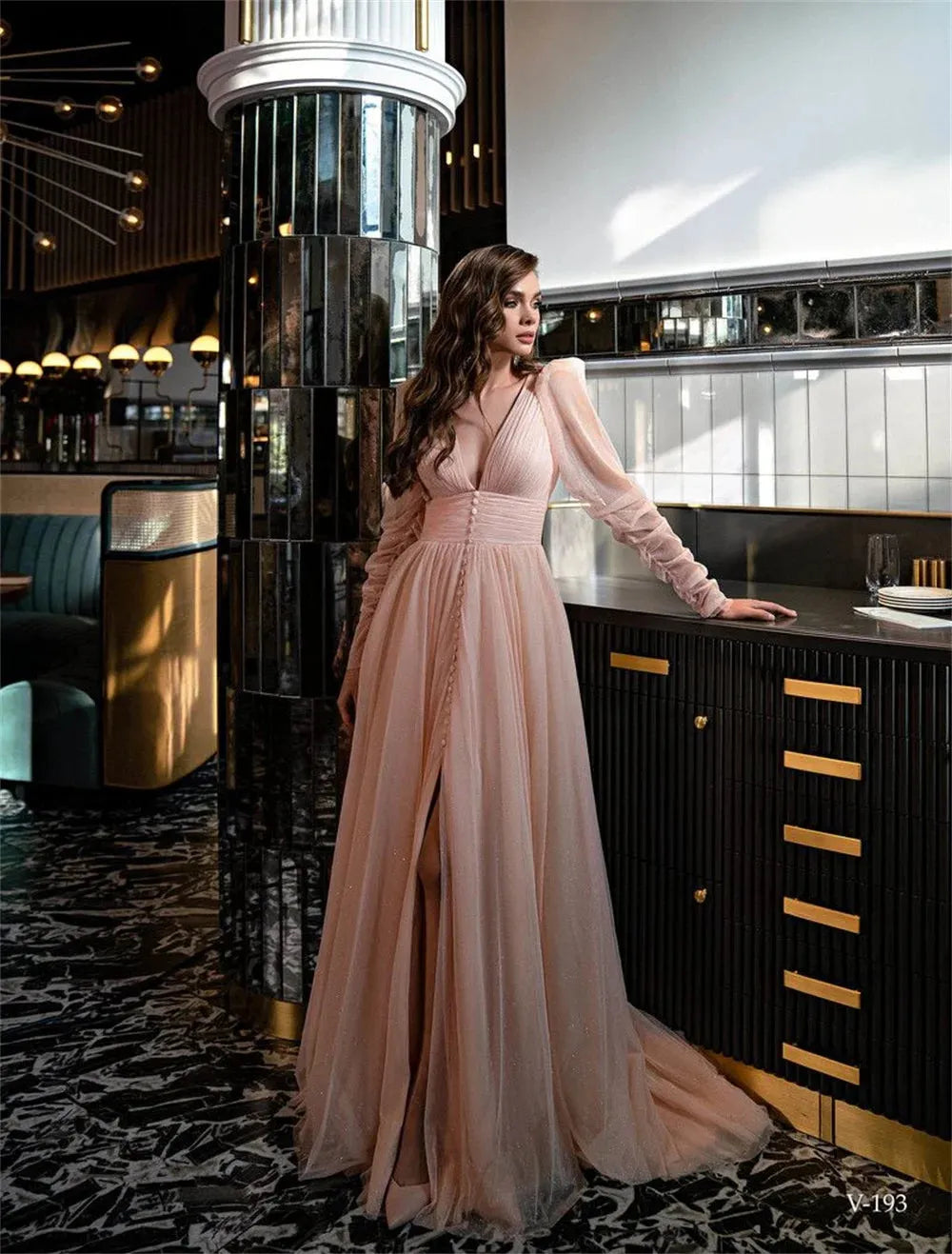 Baby Pink A-line V-neck Prom Dresses Chiffon Long Train vestidos de noche Elegant Long Sleeves Side Split Formal Evening as pic 1