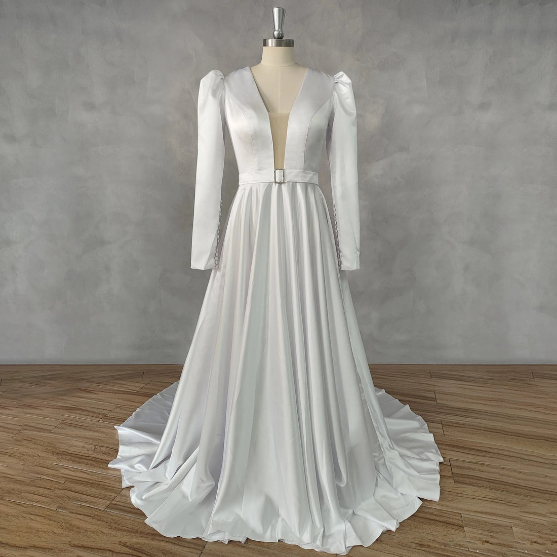 DIDEYTTAWL Real Picture Deep V-Neck Long Puff Sleeves Satin A-Line Wedding ButtonBack Court Train Bridal Gown Custom Made White