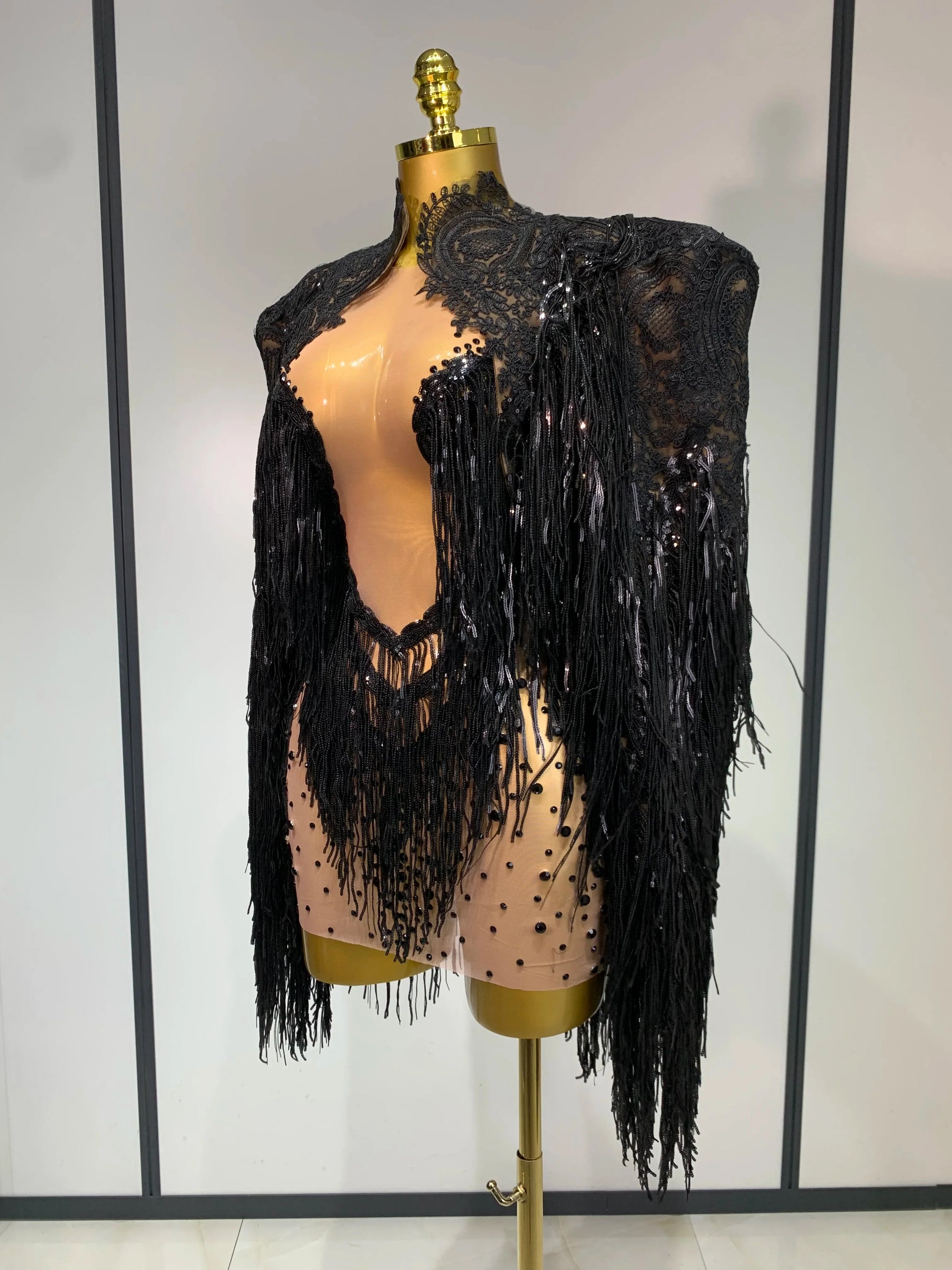 Rhinestones Tassels Mini Dress Suit Luxury Women Sexy See Through Mesh Party Club Dresses Performance Stage Outfit