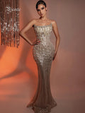 Apricot Sequins Mermaid Long Dress Optical Illusion Strapless Crystals Flowers Embellished Celebrity Evening Party Gowns