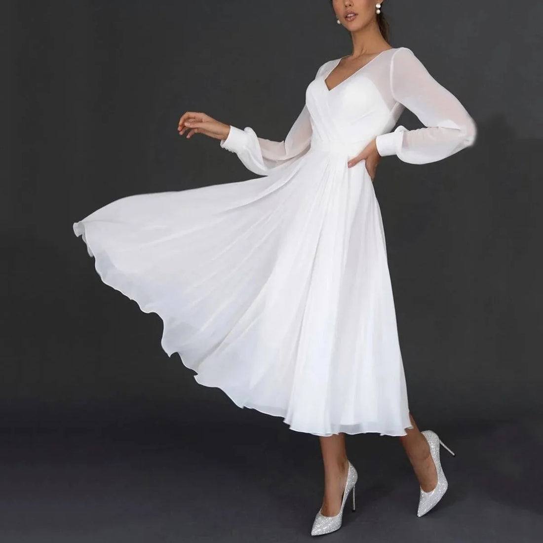 Elegant Sexy V Neck Long Sleeve Chiffon White Bride Dress Wedding Summer Women Evening Guest Formal Long Party Dresses White