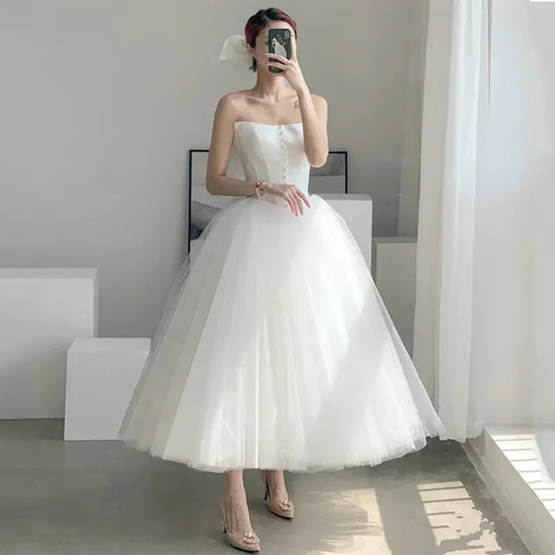 French Bride Wedding Dress Elegant Sexy White Strapless Ball Gown Evening Prom Dresses for Women Formal Graduation Party vestido Strapless