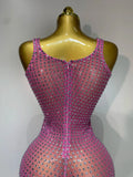 Women Sexy Mesh See Through Rhinestone Pink Long Maxi Dress Birthday Evening Party Costume Singer Stage Performance Costume