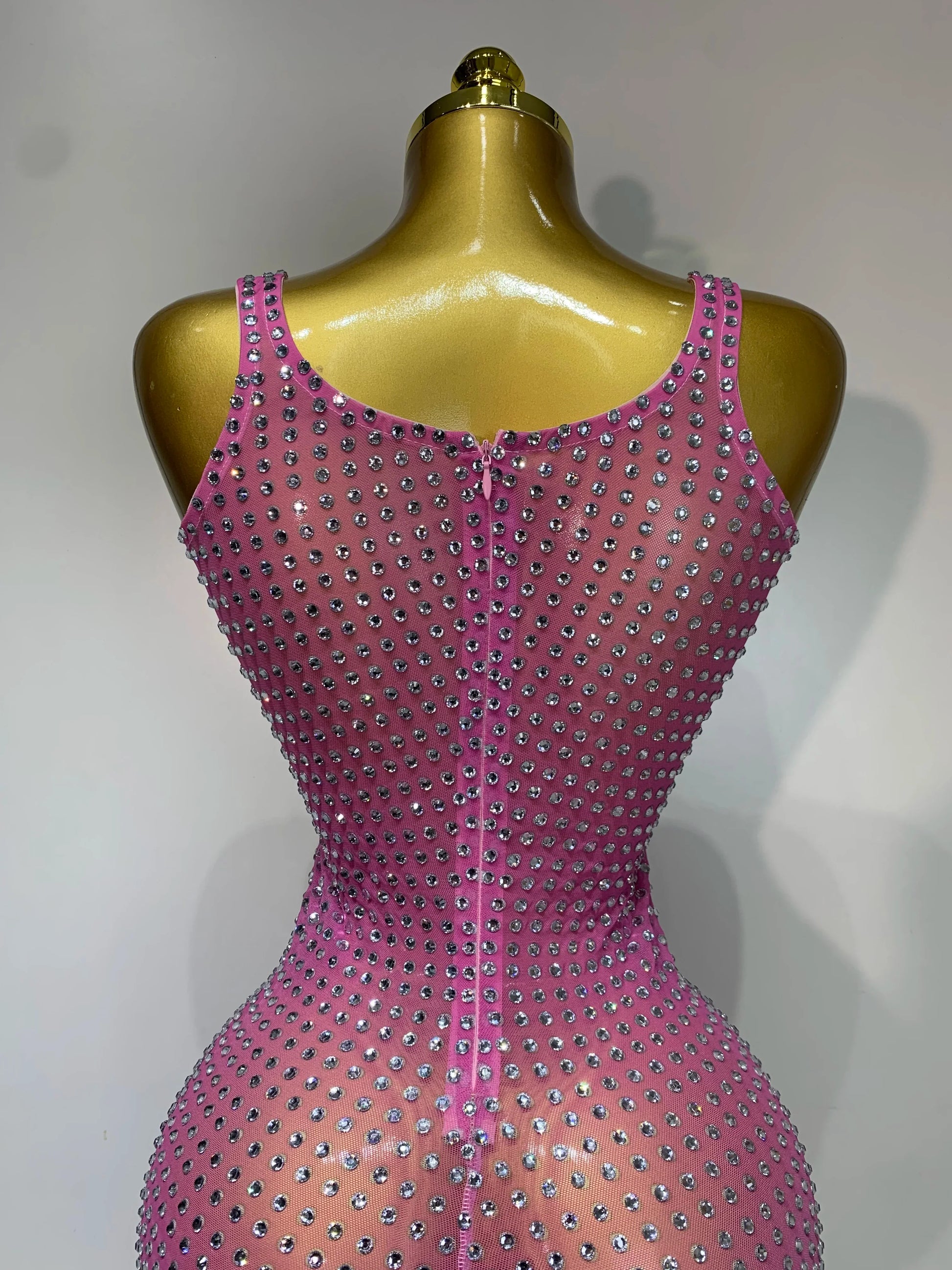 Women Sexy Mesh See Through Rhinestone Pink Long Maxi Dress Birthday Evening Party Costume Singer Stage Performance Costume