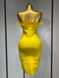 Women Sexy Backless Yellow Bodycon Bandage Dress Strapless Celebirty Elegant Feather Dresses Luxury Birthday Club Party Outfit