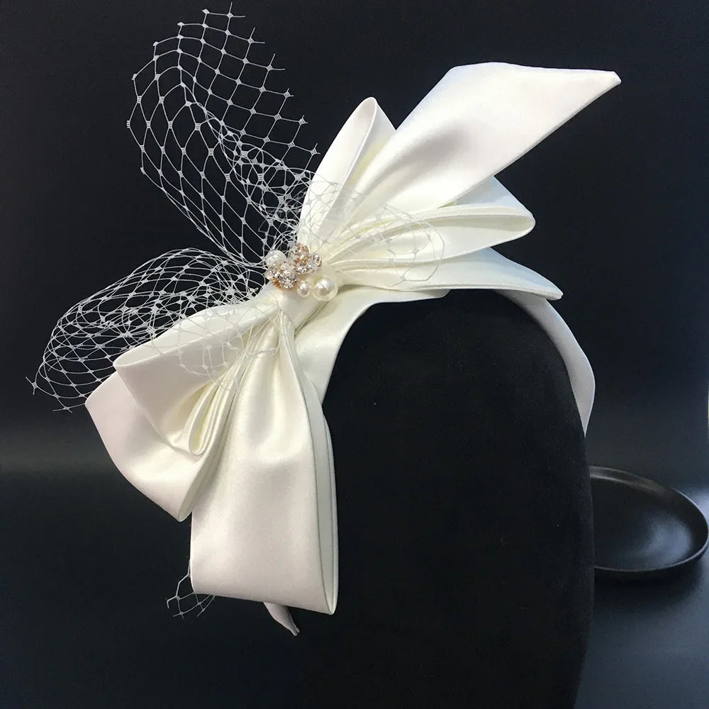 Bridal Headbands For Women Satin Mesh Bow Fascinator Wedding Hairband With Blusher Veils Elegant Party Bride Hair Accessories as shown